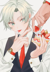 Rule 34 | 2boys, cake, collared shirt, commentary request, food, fruit, green eyes, green hair, hands up, highres, holding, holding food, licking, licking finger, long sleeves, looking at another, male focus, mege (megechan), multiple boys, necktie, original, raspberry, red neckwear, shirt, short hair, simple background, strawberry shortcake, tongue, tongue out, very short hair, waistcoat, watch, white background, white shirt, wristwatch