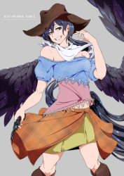 Rule 34 | 1girl, alternate eye color, bandana, bare shoulders, black hair, black wings, blue eyes, blue shirt, boots, breasts, brown footwear, brown hat, character name, commentary request, cowboy hat, feathered wings, feet out of frame, grey background, grin, gun, hair between eyes, hand up, handgun, hat, head tilt, holding, holding gun, holding weapon, knee boots, kurokoma saki, long hair, looking at viewer, medium breasts, midriff peek, miniskirt, navel, off-shoulder shirt, off shoulder, orange skirt, plaid, plaid shirt, plaid skirt, potato pot, puffy short sleeves, puffy sleeves, revolver, shirt, short sleeves, simple background, skirt, smile, solo, standing, touhou, unmoving pattern, very long hair, weapon, wings, yellow skirt
