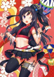 Rule 34 | 1girl, ;d, absurdres, armlet, black hair, black thighhighs, dual wielding, hair ornament, hairclip, highres, holding, kodachi, kunai, leg up, long hair, midriff, navel, ninja, one eye closed, one side up, open mouth, pleated skirt, purple eyes, scan, short sword, skirt, smile, solo, stomach, sword, takayaki, thighhighs, weapon, wrist cuffs