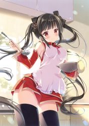 Rule 34 | 1girl, absurdres, apron, bare shoulders, black hair, black ribbon, black thighhighs, blunt bangs, blush, bowl, breasts, closed mouth, contrapposto, cooking, counter, cowboy shot, detached sleeves, dress, flower pot, frilled apron, frills, hair ornament, hair ribbon, hanahanamaki, hand up, happy, highres, holding, holding bowl, indoors, kitchen, ladle, legs apart, looking at viewer, medium breasts, miniskirt, original, oven mitts, plant, red dress, red eyes, ribbon, scan, shirt, sidelocks, skirt, skirt set, sleeveless, sleeveless shirt, smile, solo, standing, stove, thighhighs, twintails, window, zettai ryouiki