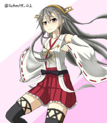 Rule 34 | 10s, 1girl, bare shoulders, black thighhighs, blush, boots, detached sleeves, frilled skirt, frills, grey hair, hair ornament, hairclip, haruna (kancolle), headgear, japanese clothes, kantai collection, lace, lace-trimmed legwear, lace trim, long hair, nontraditional miko, pleated skirt, red skirt, skirt, solo, thigh boots, thighhighs, twitter username, wide sleeves, yakob labo, zettai ryouiki