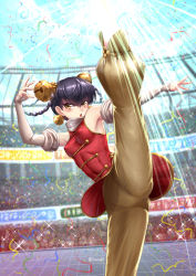 Rule 34 | 1girl, adsouto, armpits, artist name, axe kick, banner, bare shoulders, bell, bell earrings, black hair, blue sky, blush, braid, breasts, brown eyes, brown pants, camera flash, china dress, chinese clothes, cloud, commentary, commentary request, confetti, crowd, day, detached sleeves, dress, earrings, english commentary, fighting stance, glint, hair bell, hair ornament, high kick, highres, jewelry, kicking, leg lift, leg up, legs, light rays, lin lin (one-punch man), lipstick, makeup, one-punch man, open mouth, outdoors, pants, red dress, scarf, sky, solo, split, stadium, standing, standing on one leg, standing split, sun, sunlight, twin braids, white neckwear