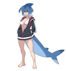 Rule 34 | 1girl, azuumori, barefoot, bikini, black jacket, blue hair, breasts, commentary, english commentary, fins, fish tail, front-tie bikini top, front-tie top, full body, grin, hands in pockets, highres, hood, hooded jacket, jacket, large breasts, mako (azuumori), open clothes, open jacket, original, red eyes, shark fin, shark tail, sharp teeth, short hair, simple background, smile, solo, standing, swimsuit, tail, teeth, toenails, white background, white bikini