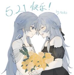 Rule 34 | 2girls, :d, artist name, bare shoulders, black dress, black sleeves, blue eyes, bouquet, braid, closed eyes, closed mouth, commentary request, detached sleeves, dress, facing another, flower, fu hua, fu hua (herrscher of sentience), grey hair, hair between eyes, highres, honkai (series), honkai impact 3rd, long hair, looking at another, multiple girls, neko (neko112121), open mouth, puffy short sleeves, puffy sleeves, rose, see-through, short sleeves, simple background, smile, strapless, strapless dress, translation request, very long hair, white background, white dress, yellow flower, yellow rose