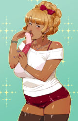 Rule 34 | 1girl, blonde hair, bracelet, breasts, earrings, food, ganguro, ganto, hair ribbon, jewelry, large breasts, long hair, necklace, plump, ribbon, sausage, sexually suggestive, short shorts, shorts, simple background, solo, tan, thighhighs, updo