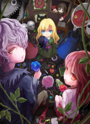 Rule 34 | 1boy, 2girls, apple, arie9, bad id, bad pixiv id, blonde hair, blue eyes, blue flower, blue rose, book, bouquet, brown hair, candy, cat, coat, doll, dress, dress shirt, eyeball, flower, food, fruit, garry (ib), green dress, grin, hair over one eye, handkerchief, highres, ib (ib), ib (kouri), key, knife, lady in red (ib), lighter, long hair, looking at viewer, looking back, mannequin, mary (ib), monster, multiple girls, painting (object), petals, plant, purple hair, puzzle piece, quill, rabbit, red dress, red eyes, red flower, red rose, rose, shirt, short hair, skirt, smile, torn clothes, umbrella, vines, yellow eyes, yellow flower, yellow rose