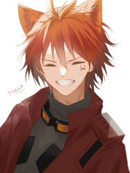Rule 34 | 1boy, ^ ^, absurdres, animal ear fluff, animal ears, arknights, chiave (arknights), closed eyes, facing viewer, goggles, goggles around neck, grey shirt, grin, hair between eyes, highres, jacket, male focus, motoha, open clothes, open jacket, orange hair, red jacket, shirt, signature, simple background, smile, solo, v-shaped eyebrows, white background