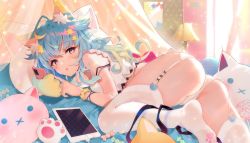 Rule 34 | 1girl, ahoge, animal ear fluff, animal ears, aqua hair, arutera, ass, banned artist, bright pupils, cat ears, cellphone, from side, garter straps, highres, indie virtual youtuber, indoors, lanmewko, long hair, looking at viewer, lying, original, panties, parted lips, paw print soles, phone, prehensile hair, purple eyes, scrunchie, second-party source, smartphone, solo, sparkle, strap slip, tablet pc, thighhighs, underwear, virtual youtuber, white panties, white thighhighs, wrist scrunchie