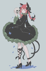 Rule 34 | 1girl, animal ears, ansoku, black bow, black dress, black footwear, bow, braid, cat ears, cat tail, dress, expressionless, full body, hair bow, high heels, highres, kaenbyou rin, leg ribbon, long sleeves, multiple tails, nekomata, red eyes, red hair, ribbon, shoes, skull, solo, tail, touhou, twin braids, two tails