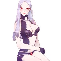 Rule 34 | 1girl, alternate costume, bare shoulders, blush, breasts, cleavage, collarbone, cowboy shot, expressionless, gem, gloves, heather37, highres, irelia, jewelry, large breasts, league of legends, legs together, lips, lipstick, long hair, looking at viewer, makeup, neck ring, nightblade irelia, purple hair, red eyes, sitting, solo, thighs