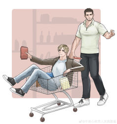 Rule 34 | 2boys, absurdres, bao (bobobao21), bara, beard, brown hair, chris redfield, contemporary, couple, facial hair, full body, highres, in shopping cart, large pectorals, leon s. kennedy, male focus, mature male, multiple boys, muscular, muscular male, pectorals, pointing, pointing forward, resident evil, resident evil 4, resident evil 4 (remake), shopping cart, short hair, smile, standing, stubble, yaoi
