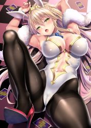Rule 34 | 1girl, animal ears, arm up, armpits, arms behind head, arms up, artoria pendragon (all), artoria pendragon (fate), artoria pendragon (swimsuit ruler) (fate), bare shoulders, black pantyhose, blonde hair, blue neckwear, blush, braid, breasts, cameltoe, card, checkered floor, cleavage, cleft of venus, clothing cutout, commentary request, covered erect nipples, detached collar, fake animal ears, fate/grand order, fate (series), feather boa, french braid, gluteal fold, green eyes, hair between eyes, high heels, highleg, highleg leotard, kase daiki, knee up, large breasts, leotard, looking at viewer, lying, navel, navel cutout, on back, open mouth, pantyhose, playboy bunny, playing card, ponytail, pumps, rabbit ears, revision, shoes, sidelocks, solo, stiletto heels, sweat, thighband pantyhose, thighs, tiara, white leotard, wrist cuffs