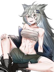 Rule 34 | 1girl, ahoge, animal ears, arknights, bandages, bare shoulders, black footwear, black nails, black shorts, boots, breasts, chest sarashi, chinese commentary, commentary request, dr. yeshu, grey eyes, hair between eyes, hair ornament, hairclip, lappland (arknights), long hair, looking at viewer, medium breasts, midriff, nail polish, navel, sarashi, scar, scar across eye, scar on face, shorts, silver hair, simple background, sitting, smile, solo, stomach, strapless, tube top, uneven eyes, very long hair, white background, wolf ears