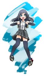 Rule 34 | 1girl, arm warmers, asashio (kancolle), backpack, bag, black hair, black thighhighs, blue eyes, commentary request, full body, grey skirt, kantai collection, long hair, looking at viewer, pleated skirt, shirt, short sleeves, skirt, smile, solo, suspender skirt, suspenders, thighhighs, udukikosuke, white shirt