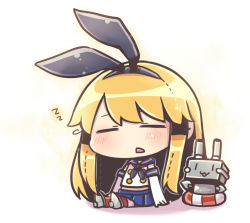 Rule 34 | 10s, 1girl, :3, blonde hair, chibi, elbow gloves, gloves, hair ribbon, innertube, kantai collection, long hair, machinery, open mouth, rensouhou-chan, ribbon, same anko, shimakaze (kancolle), sitting, sleeping, solo, striped clothes, striped thighhighs, swim ring, thighhighs, turret, zzz