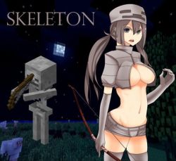 Rule 34 | bow (weapon), breasts, cleavage, gloves, grey hair, long hair, lowres, minecraft, moon, open mouth, ponytail, sheep, short shorts, shorts, skeleton, thighhighs, weapon