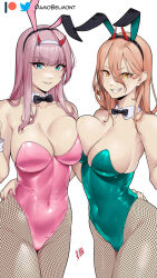 Rule 34 | 2girls, alternate costume, animal ears, aqua leotard, asymmetrical docking, bare arms, bare shoulders, black bow, black bowtie, black hairband, blue eyes, blunt bangs, bow, bowtie, breast press, breasts, chainsaw man, clenched teeth, commentary, couple, covered navel, cowboy shot, damobelmont, darling in the franxx, detached collar, eyebrows hidden by hair, eyes visible through hair, fake animal ears, fishnet pantyhose, fishnets, grin, hair between eyes, hairband, half-closed eyes, highres, horns, large breasts, leotard, long hair, looking at viewer, multiple girls, naughty face, neck, pantyhose, parted lips, pink hair, pink leotard, power (chainsaw man), rabbit ears, red horns, simple background, smile, standing, straight hair, strapless, strapless leotard, teeth, thick thighs, thighs, twitter logo, white background, yellow eyes, yuri, zero two (darling in the franxx)