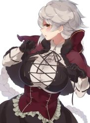 Rule 34 | 10s, 1girl, alternate costume, asymmetrical hair, bad id, bad twitter id, black gloves, blouse, braid, breasts, capelet, corset, gloves, hair ornament, huge breasts, jitome, kantai collection, long hair, looking at viewer, open mouth, pokoten (pokoten718), shirt, silver hair, single braid, solo, underbust, unryuu (kancolle), upper body, very long hair, victorian, white shirt, yellow eyes