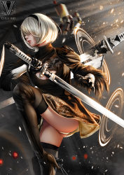 Rule 34 | battle, black dress, black hairband, blindfold, boots, cleavage cutout, clothing cutout, covered eyes, crotch, dress, duong tich vi, feather-trimmed sleeves, hairband, high heel boots, high heels, highres, holding, holding sword, holding weapon, juliet sleeves, leg up, long sleeves, mole, mole under mouth, nier (series), nier:automata, pink lips, pod (nier:automata), puffy sleeves, silver hair, solo focus, sword, thigh boots, thighhighs, thighhighs under boots, thighs, thong, vambraces, weapon, 2b (nier:automata)