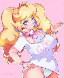 Rule 34 | 1girl, bimbo peach, blonde hair, blue eyes, blush, borrowed design, bracelet, breasts, collar, cowboy shot, cresscin, crown, earrings, hand on own hip, hand up, highres, jewelry, large breasts, long hair, looking at viewer, mario (series), nintendo, outline, pink background, pink nails, princess peach, print shirt, shadow, shirt, sidelocks, simple background, solo, spiked collar, spikes, twintails, watermark, white outline, white shirt