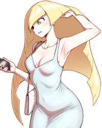 Rule 34 | 1girl, alternate costume, arm up, armpits, blonde hair, blunt bangs, blunt ends, blush, breasts, cellphone, collarbone, commentary, covered navel, creatures (company), dress, game freak, grey dress, hand in own hair, highres, holding, holding phone, long hair, lusamine (pokemon), mature female, medium breasts, nintendo, nutkingcall, phone, pokemon, pokemon sm, simple background, sleeveless, sleeveless dress, solo, very long hair, white background