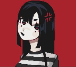 Rule 34 | 1girl, 98fumi, anger vein, bad id, bad twitter id, black eyes, black hair, black lips, closed mouth, colored skin, commentary, english commentary, facial mark, hair between eyes, head tilt, long hair, looking at viewer, makeup, mime, original, pale skin, pixel art, purple eyes, red background, shirt, short eyebrows, sidelocks, simple background, straight hair, striped clothes, striped shirt, upper body, white skin