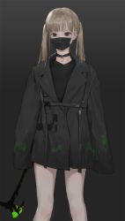 Rule 34 | 1girl, axe, bangosu, black choker, black eyes, black jacket, black shirt, brown hair, choker, commentary request, feet out of frame, grey background, highres, jacket, long hair, looking at viewer, mask, mouth mask, original, shirt, simple background, solo, standing, twintails