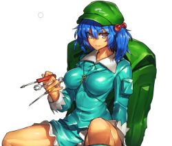 Rule 34 | &gt;:), 1girl, backpack, bag, blue eyes, blue hair, breasts, hair bobbles, hair ornament, hat, kawashiro nitori, key, large breasts, looking at viewer, matching hair/eyes, melon22, pocket, screwdriver, short hair, skirt, skirt set, smile, solo, touhou, twintails, two side up, v-shaped eyebrows, white background, wrench