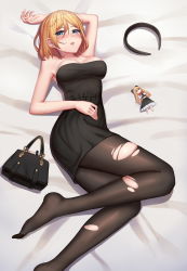 Rule 34 | 1girl, :o, alice margatroid, bag, bare arms, bare shoulders, bed, bed sheet, black dress, black hairband, black pantyhose, blonde hair, blue eyes, blush, breasts, cleavage, doll, dress, du mogu, earrings, female focus, full body, hairband, unworn hairband, handbag, highres, jewelry, legs, looking at viewer, lying, medium breasts, on back, on bed, on side, open mouth, pantyhose, shanghai doll, short dress, short hair, solo, strapless, strapless dress, stud earrings, thighs, torn clothes, torn pantyhose, touhou