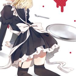 Rule 34 | 1girl, all fours, alternate costume, apron, back bow, black dress, black thighhighs, blonde hair, blood, bow, cropped, dress, enmaided, facing away, feet out of frame, fork, frilled apron, frills, from behind, garter straps, head out of frame, maid, maid apron, nig 18, over-kneehighs, petticoat, rumia, short hair, solo, thighhighs, touhou, tray, white apron, white background, white bow, zettai ryouiki