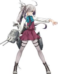 Rule 34 | 10s, 1girl, ahoge, asashimo (kancolle), bow, bowtie, dress shirt, front-seamed legwear, fujikawa, full body, grin, hair over one eye, kantai collection, long hair, long sleeves, official art, pantyhose, ponytail, purple skirt, seamed legwear, shirt, single thighhigh, skirt, smile, solo, thighhighs, transparent background