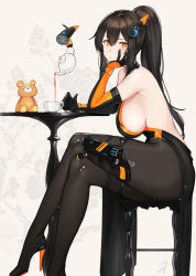 Rule 34 | 1girl, black footwear, black hair, blush, breasts, commentary request, cup, dress, drone, elbow gloves, gloves, gun, hand on own cheek, hand on own face, handgun, hayabusa, high heels, highres, holster, holstered, large breasts, long hair, looking at viewer, mole, mole on breast, mole under eye, orange eyes, original, pantyhose, ponytail, pouring, side slit, sideboob, sidelocks, sitting, sitting on object, sleeveless, sleeveless dress, slit pupils, solo, stuffed animal, stuffed toy, table, tea, teacup, teddy bear, weapon