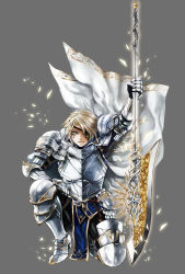 Rule 34 | 1boy, apt, armor, blonde hair, blue eyes, eyepatch, full body, gauntlets, greaves, grey background, gyakushuu no fantasica, halberd, highres, holding, holding weapon, kneeling, looking at viewer, male focus, official art, on one knee, polearm, scar, simple background, solo, weapon