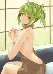 Rule 34 | 1girl, ass, back, backless outfit, bare back, breasts, brown eyes, brown sweater, butt crack, closed mouth, dress, from side, frown, green hair, indoors, iroha (unyun), looking at viewer, looking to the side, medium breasts, meme attire, naked sweater, no bra, no panties, original, own hands together, short hair, short ponytail, sideboob, sidelocks, sitting, sleeveless, sleeveless turtleneck, solo, sweater, sweater dress, turtleneck, turtleneck sweater, virgin killer sweater, window, yellow eyes