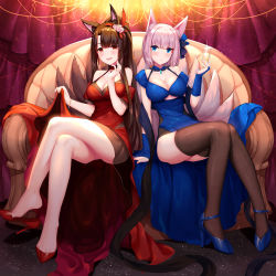Rule 34 | 2girls, :d, akagi (azur lane), alcohol, animal ears, arm support, azur lane, bare shoulders, blue dress, blue eyes, blue footwear, blush, breasts, bridal gauntlets, brown hair, brown legwear, champagne, champagne flute, cleavage, commentary request, couch, crossed legs, cup, cupping glass, detached sleeves, dress, drinking glass, feet, fox ears, fox girl, fox tail, glint, high heels, holding, holding cup, kaga (azur lane), kitsune, large breasts, long hair, multiple girls, on couch, open mouth, parted lips, red dress, red eyes, red footwear, round teeth, shoe dangle, shoes, silver hair, silveroid, sitting, sleeveless, sleeveless dress, smile, stiletto heels, tail, tail raised, teeth, thighhighs, toe cleavage, upper teeth only, very long hair