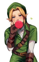 Rule 34 | 1boy, belt, blonde hair, blowing bubbles, blue eyes, brown gloves, chewing gum, fingerless gloves, gloves, green hat, hat, heart, highres, link, male focus, nintendo, noriuma, pointy ears, solo, the legend of zelda, tunic, upper body, white background