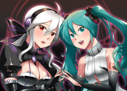 Rule 34 | 2girls, ahoge, aqua eyes, aqua hair, breasts, bridal gauntlets, caffein, cleavage, elbow gloves, fingerless gloves, gloves, hatsune miku, hatsune miku (append), medium breasts, multiple girls, nail polish, open mouth, red eyes, small breasts, twintails, vocaloid, vocaloid append, white hair, yowane haku