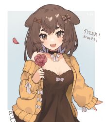 Rule 34 | absurdres, animal ears, anniversary, bell, black choker, black dress, blush, bone hair ornament, bow, breasts, brown bow, brown eyes, choker, cleavage, commentary, dog ears, dog girl, dress, english commentary, eyebrows hidden by hair, flower, hair bow, hair ornament, highres, holding, holding flower, inukai purin, looking at viewer, lucabassiart, medium breasts, neck bell, off shoulder, open hand, red flower, red rose, rose, smile, solo, sweater, tsunderia, virtual youtuber, white bow, yellow sweater