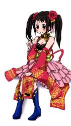 Rule 34 | 1girl, alternate hairstyle, artist request, bare shoulders, black hair, blush, boots, breasts, brown eyes, cleavage, female focus, flower ornament, frilled kimono, frills, full body, hair ornament, holding, holding own hair, idolmaster, idolmaster cinderella girls, invisible chair, japanese clothes, kimono, legs, long hair, looking at viewer, nakano yuka, namco, open mouth, red kimono, simple background, sitting, traditional media, twintails, white background