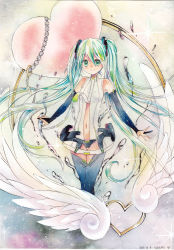 Rule 34 | 10s, 1girl, 2012, artist name, bridal gauntlets, center opening, dated, green eyes, green hair, hatsune miku, hatsune miku (append), heart, long hair, matching hair/eyes, mosho, navel, necktie, painting (medium), solo, thighhighs, traditional media, twintails, very long hair, vocaloid, vocaloid append, watercolor (medium), wings