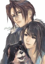 Rule 34 | 1boy, 1girl, 1other, angelo (ff8), black hair, black jacket, blue cardigan, brown hair, cardigan, dog, earrings, fangs, final fantasy, final fantasy viii, fur collar, grey eyes, hair between eyes, highres, jacket, jewelry, long hair, multicolored hair, noie (neunteedelstein), open mouth, parted lips, rinoa heartilly, scar, scar on face, short hair, single earring, smile, squall leonhart, streaked hair, twitter username, upper body, white background