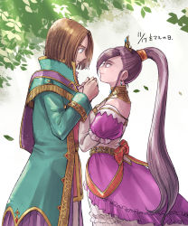 Rule 34 | absurdres, alternate costume, blue eyes, brown hair, couple, dated, dragon quest, dragon quest xi, dress, earrings, eye contact, falling leaves, formal, hero (dq11), highres, holding hands, jewelry, leaf, looking at another, martina (dq11), medium hair, pekuchin (pekuchin 3), ponytail, smile, tiara