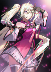 Rule 34 | 1girl, absurdres, blonde hair, concert, detached sleeves, freely tomorrow (vocaloid), full body, glowstick, happy, hatsune miku, highres, holding, holding microphone, kazenemuri, long hair, looking at viewer, microphone, nail polish, navel, one eye closed, project diva (series), project diva f, purple eyes, skirt, smile, solo, star voice (module), twintails, very long hair, vocaloid, white skirt