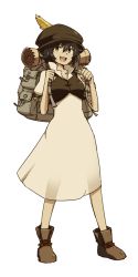 Rule 34 | 1girl, bag, cosplay, dress, full body, fumato, hat, highres, looking at viewer, octopath traveler, octopath traveler i, open mouth, original, short hair, simple background, smile, solo, tressa (octopath traveler)