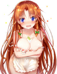 Rule 34 | 1girl, apron, blue eyes, blush, bow, braid, breast hold, breasts, cleavage, collarbone, commentary request, cowboy shot, cream, crossed arms, efe, food, fruit, green bow, hair bow, hong meiling, large breasts, leaning forward, long hair, naked apron, open mouth, parted bangs, red hair, solo, strap gap, strap slip, strawberry, sweat, tears, touhou, twin braids, very long hair, wavy mouth, white background