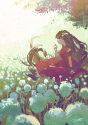 Rule 34 | 1girl, black footwear, brown hair, closed mouth, commentary request, dandelion, day, dress, flower, full body, highres, holding, holding flower, long hair, original, outdoors, potg (piotegu), profile, red dress, shoes, signature, solo, very long hair