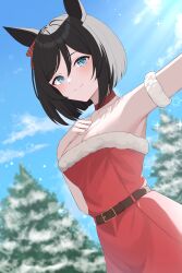 Rule 34 | 1girl, absurdres, alternate costume, anima miko, animal ears, bare shoulders, belt, black belt, black hair, blue eyes, breasts, cleavage, commentary request, dress, dutch angle, eishin flash (umamusume), fur-trimmed dress, fur trim, hand on own chest, highres, horse ears, horse girl, looking at viewer, medium breasts, outdoors, red dress, santa dress, short hair, smile, snow, solo, tree, umamusume