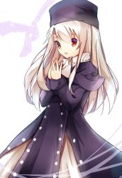 Rule 34 | 1girl, artistic error, bird, black coat, capelet, coat, dress, fate/stay night, fate (series), female focus, fingers together, fur hat, gradient hair, hat, ice-light, illyasviel von einzbern, jacknavy, long hair, long sleeves, multicolored hair, papakha, parted lips, purple hat, red eyes, slit pupils, solo, white background, white dress, white hair
