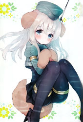 Rule 34 | 1girl, absurdres, animal ears, animal hands, ass, blue eyes, blush, closed mouth, cropped jacket, dog ears, dog paws, dog tail, floral print, hair between eyes, hat, headgear, highres, kantai collection, kemonomimi mode, legs folded, long hair, long sleeves, looking at viewer, own hands together, pantyhose, puffy short sleeves, puffy sleeves, scan, school swimsuit, shoes, short sleeves, silver hair, simple background, solo, suzuho hotaru, swimsuit, swimsuit under clothes, tail, tearing up, tears, thighhighs, u-511 (kancolle), uniform