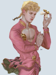 Rule 34 | 1boy, absurdres, animal, artist name, blonde hair, braid, bug, commentary request, danart14020, giorno giovanna, green eyes, highres, holding, holding animal, insect, jacket, jojo no kimyou na bouken, ladybug, lips, long hair, long sleeves, male focus, pants, pectorals, pink jacket, pink pants, realistic, solo, toned, vento aureo